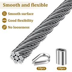 1/8″ Stainless Steel Cable 100ft Wire Rope Metal Cable with Loop Sleeve and S…