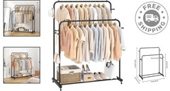 Modern Freestanding Clothes Organizer with Wheels and Dual Rods – Sleek Black