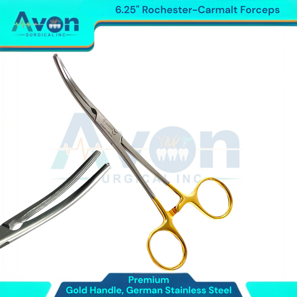 1 Each – Rochester Carmalt Forceps 6.25in Curved w/ Gold Rings -German Stainless