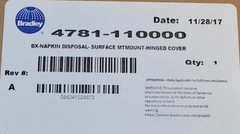 Bradley 4781-110000 Napkin Disposal Unit, Surface Mount, Hinged Cover *New*