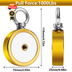 FINDMAG Double Sided 1000 lbs 2.95 inches(75mm)-1000lb, Golden Hole