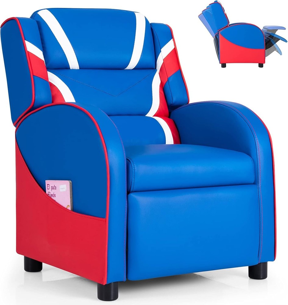 Kids Recliner Gaming Chair Blue Footrest Lumbar Support