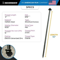 10″ Structural Timber Screws – Countersunk (Hex Head) – Sandbaggy