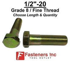 1/2-20 Hex Bolt Yellow Zinc Grade 8 Cap Screw Fine Thread (All Lengths & Qtys)