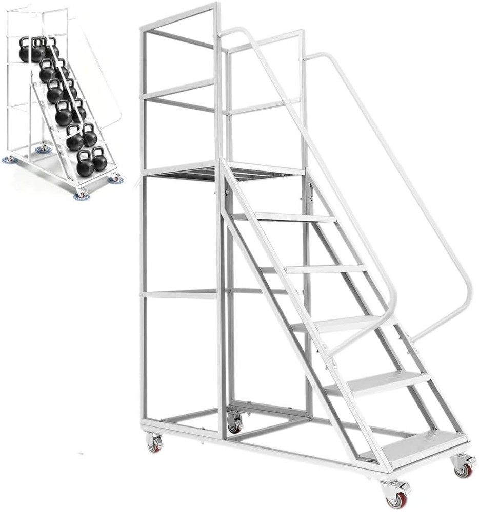 6 Step Rolling Ladder for Industrial & Warehouse w/ Handrails & 4 Lockable Wheel