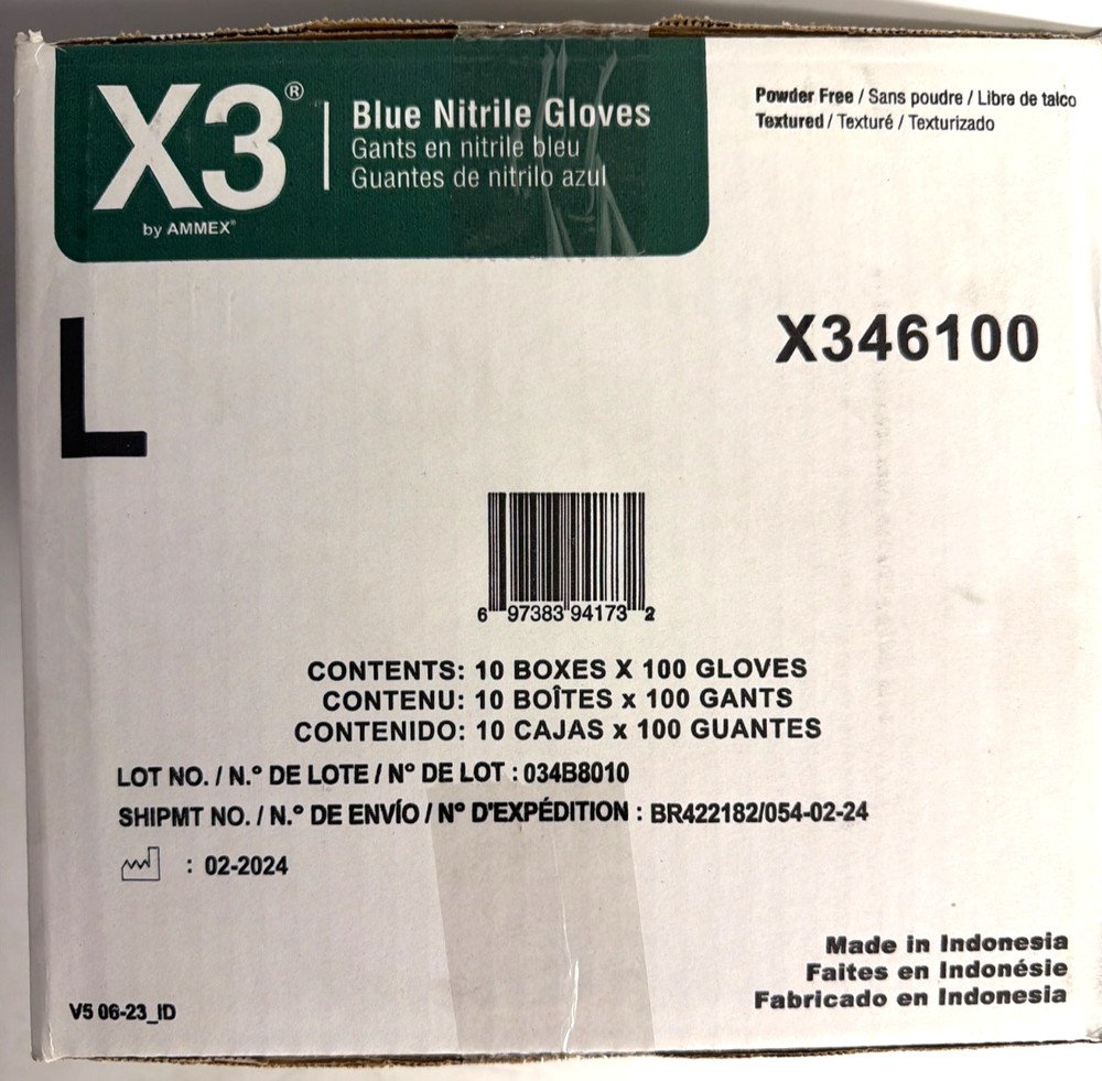 [NEW] (X346100) AMMEX X3 Blue Nitrile Disposable Gloves, Powder-Free, Large (L)