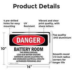 (2 Pack) Battery Room Contains Lead-Acid OSHA Danger Sign Decal Metal Plastic