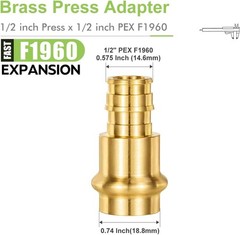 1/2 Inch Press x 1/2 PEX-A Expansion Adapter Copper Fittings 5 Pack