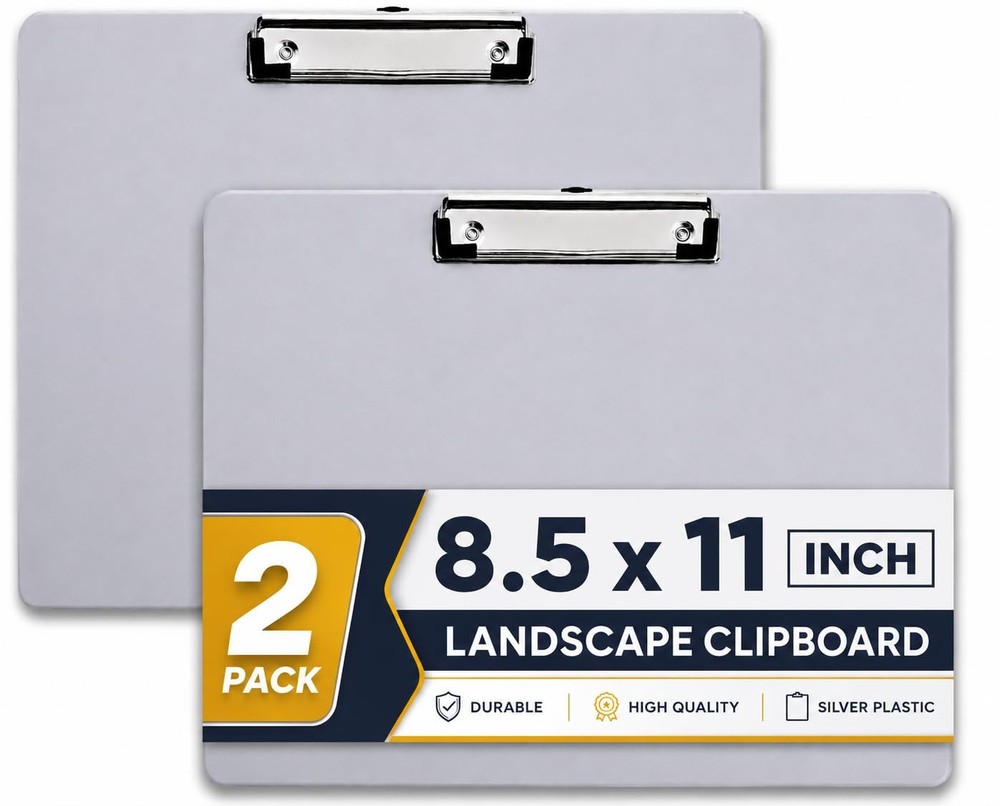 2 Pack Silver Plastic Horizontal Landscape Clipboard 8.5×11 In Letter Size