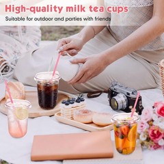 25 Sets Clear Plastic Cups with Heart Shaped Pink Straws and Strawless Lids