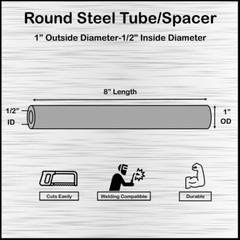 Mild Steel Spacer-Tubing- 1″ OD x 1/2″ ID x 8″ Long–Fits M12 or 1/2″ Bolts