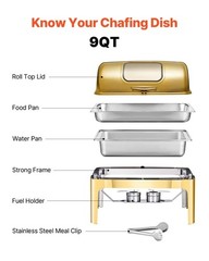 Roll Top Chafing Dish Buffet Complete Set, 9Qt Stainless Steel Chafer with Full