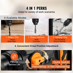 Rotary Hammer Drill Corded Drills 1-1/4″ 4 Modes SDS-Plus Chipping Hammers