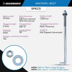 Sandbaggy 5/8″ x 14″ Threaded Concrete Anchor L-Bolts – Hot Dipped Galvanized