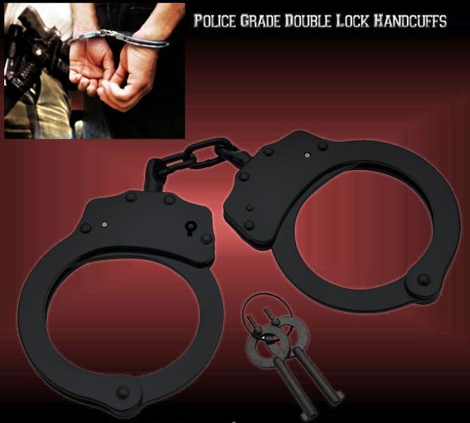 Black STEEL HAND Handcuffs POLICE CUFFS NEW Double Locking REAL DEAL 2 KEYS