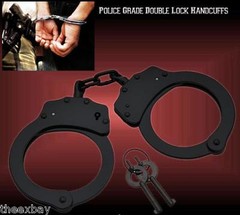 Black STEEL HAND Handcuffs POLICE CUFFS NEW Double Locking REAL DEAL w 2 KEYS