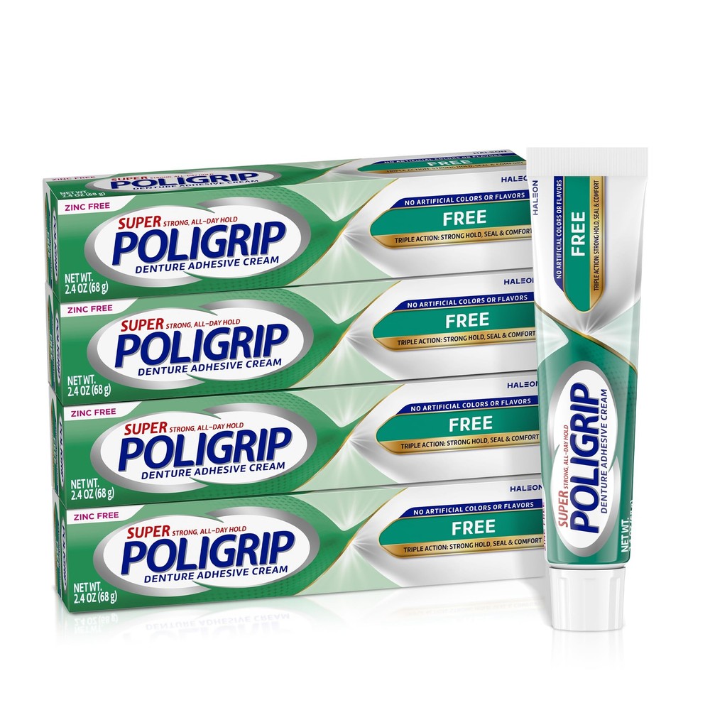 Super Poligrip Zinc Free Denture and Partials Adhesive Cream, 2.4 Ounces, 4 Coun