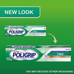 Super Poligrip Zinc Free Denture and Partials Adhesive Cream, 2.4 Ounces, 4 Coun