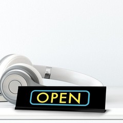 Open, Black Frame, Desk Sign (2×8″)