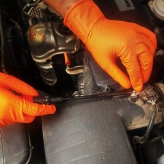 Heavy Duty Orange Industrial Nitrile Gloves with Raised Diamond Texture, Late…