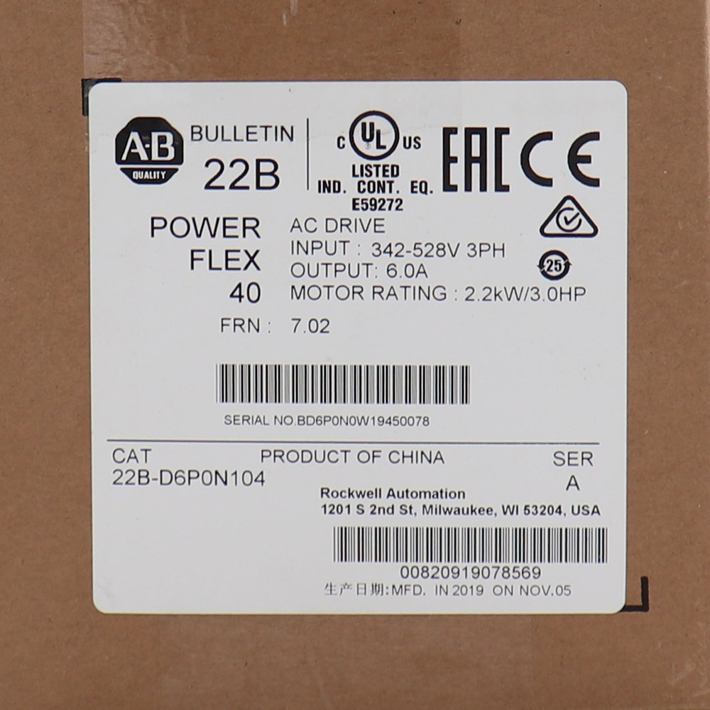 Allen-Bradley 22B-D6P0N104 PowerFlex 40 2.2KW/3.0HP AC Drive Fast delivery