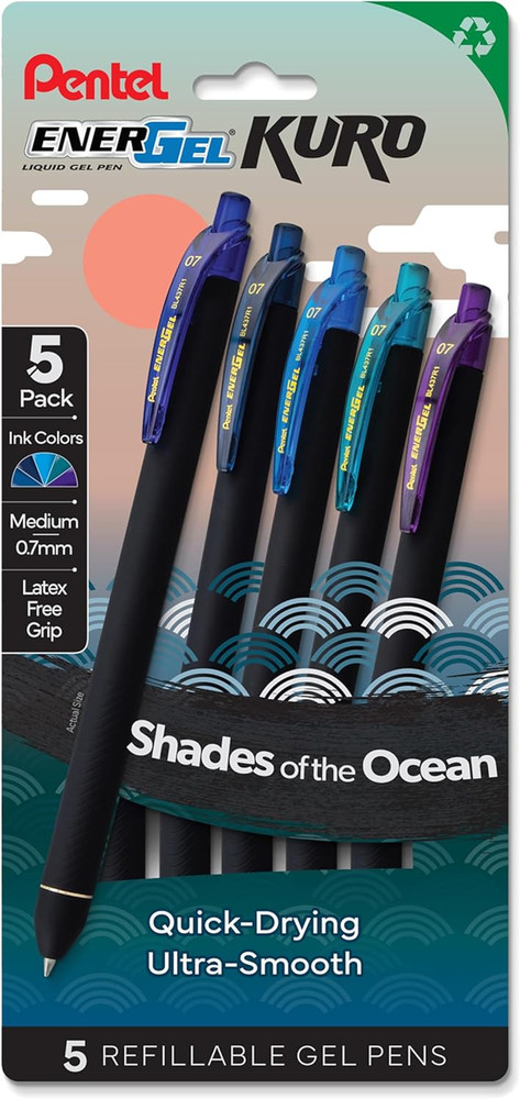 Energel Kuro Shades of the Ocean, Retractable Liquid Gel Pen, Assorted Ink Color