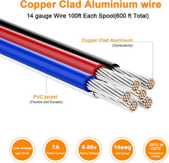 14 Gauge Wire 600FT, 14 AWG Auto 100Ft Each Spool, 6 Colors Copper Clad Aluminiu