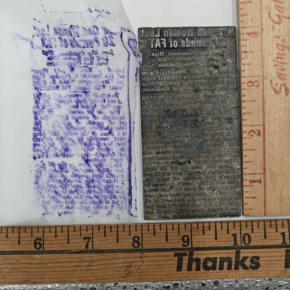 Vintage Newspaper Printing Plate “How One Woman Lost 20 Pounds of FAT” Diet Ad