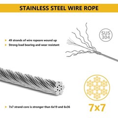 1/16 Wire Rope 304 Stainless Steel Cable, 328ft Cable Wire 7×7 Strand Core wi…
