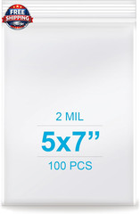100 Pack of 5”x7” 2 Mil Clear Reclosable Zip Poly Bags