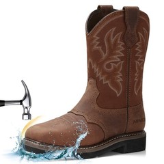 HISEA Men Cowboy Boots Square Toe Western Genuine Leather Steel Toe Safety Boots