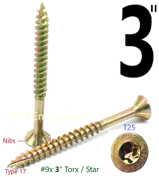Torx T25 Star Flat Head 9 x 3 Yellow Zinc Type 17 Outdoor Wood Screw (1500)