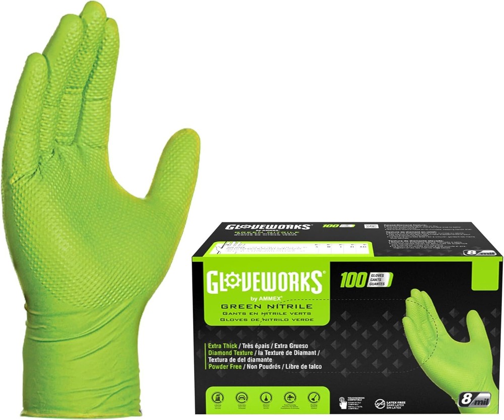 Gloveworks 8 mil Disposable HD Nitrile Gloves, Pack of 100, Medium, Green