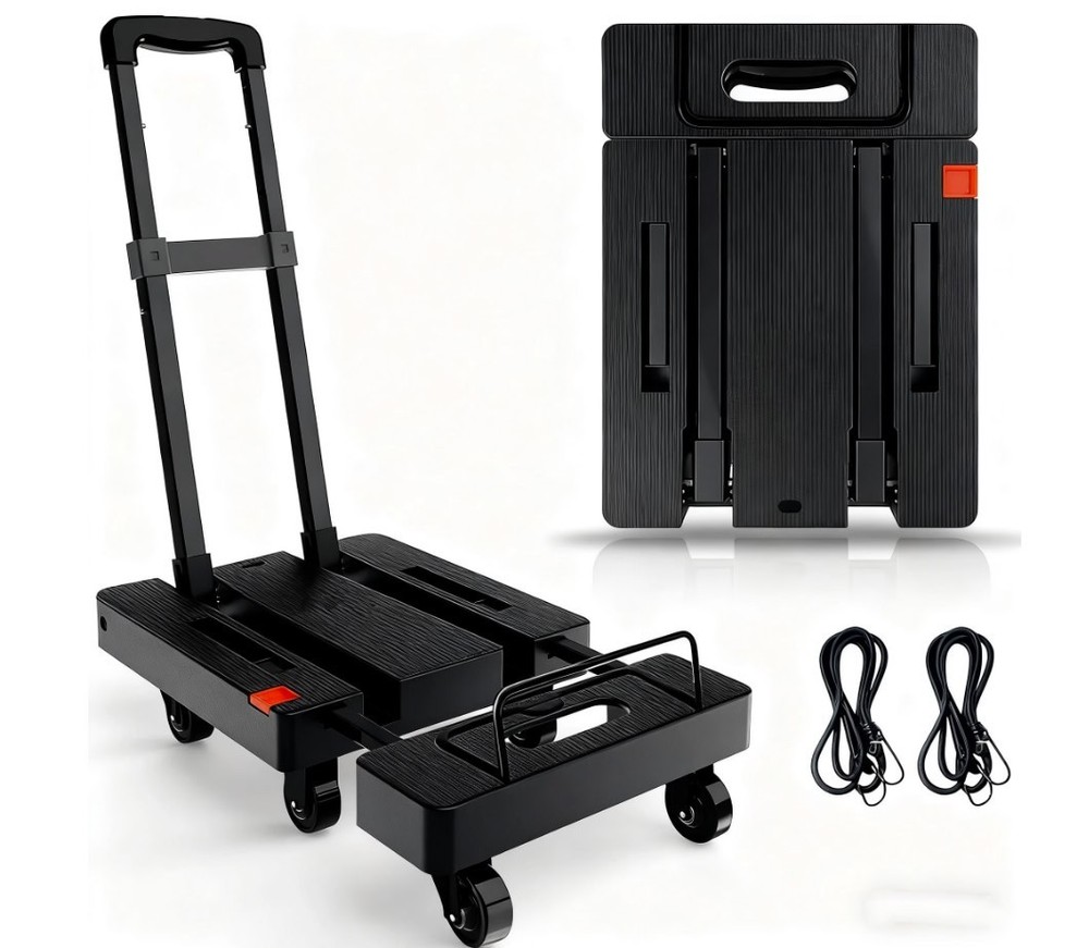 500LB Folding Hand Truck 6 Wheel Luggage Cart Expandable Base 2 Straps