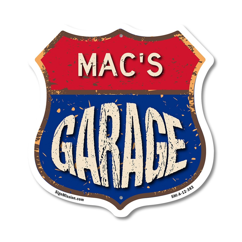 Mac’s Garage Shield Shaped Sign Weather Resistant Crafted in the USA