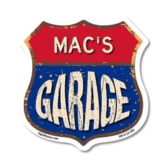 Mac’s Garage Shield Shaped Sign Weather Resistant Crafted in the USA
