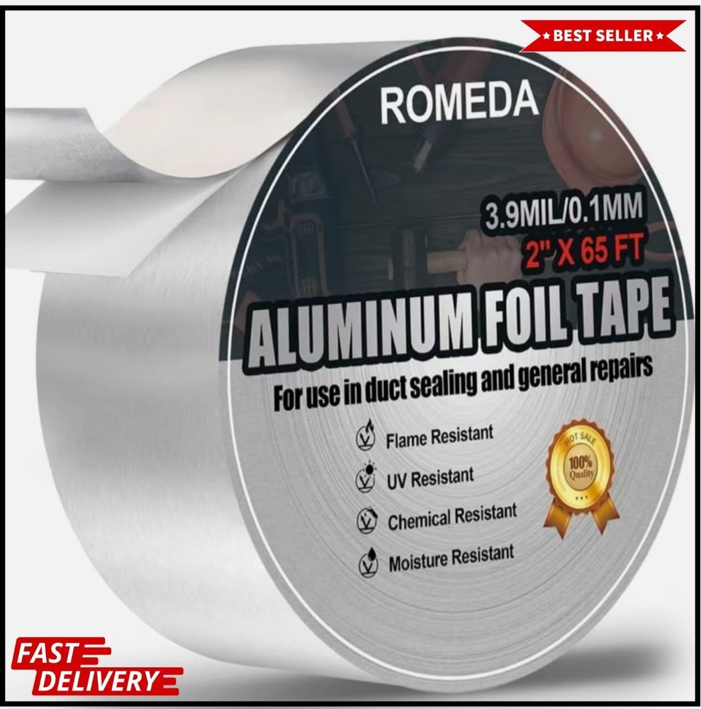 Aluminum Foil Tape 2″ x 65ft | 3.9 Mil High-Temp HVAC Tape for Ductwork & Vents