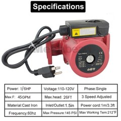 1/6HP 3 Speed Circulating Pump Use w/Outdoor Furnaces,Hot water heat,Solar,115V