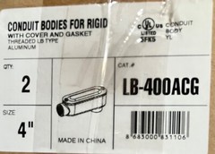 4″ Type LB Conduit Body w cover & gasket; die-cast aluminum; threaded