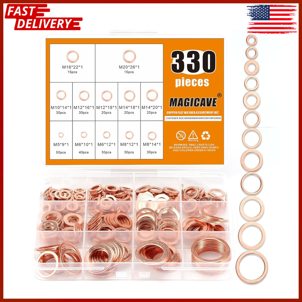 330PCS Copper Crush Washer Assortment Kit M5-M20 Metric Copper Sealing Washers f