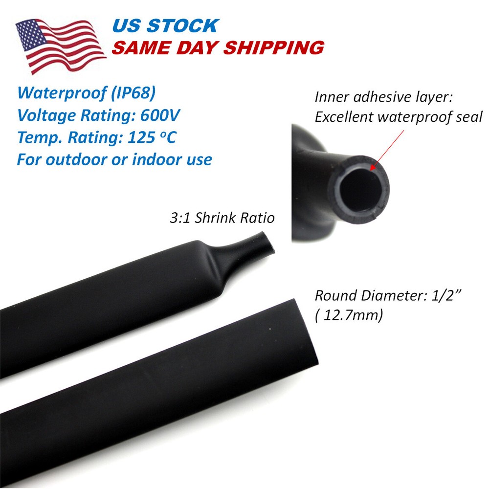 24 FT. BLACK 1/2″ 12.7mm 3:1 Heat Shrink Tubing Tube Cable