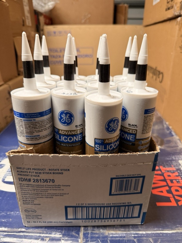GE Advanced Silicone 2 Window and Door BLACK Silicone Caulk 10.1 oz – Pack of 12