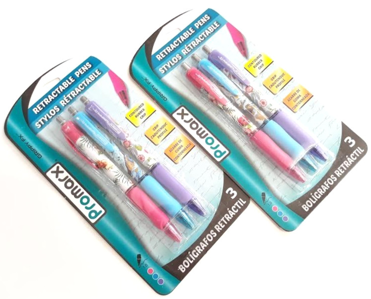 2 PACKS 6 PENS Promarx® GRIPPY FX™ RUBBER GRIP RETRACTABLE BALL POINT ASST INK