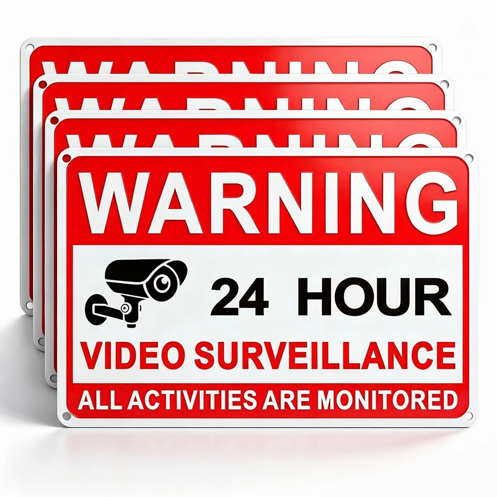 4 Pack Video Surveillance Signs, 8 x 12 Inch Aluminum Camera Signs, CCTV