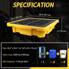 Drum Spill Containment Pallet with Drain – Leakproof Storage Platform, 2200lbs C