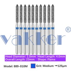 Vakker 10pc/pk Dental Diamond Burs Flame Shape Diamond Bur