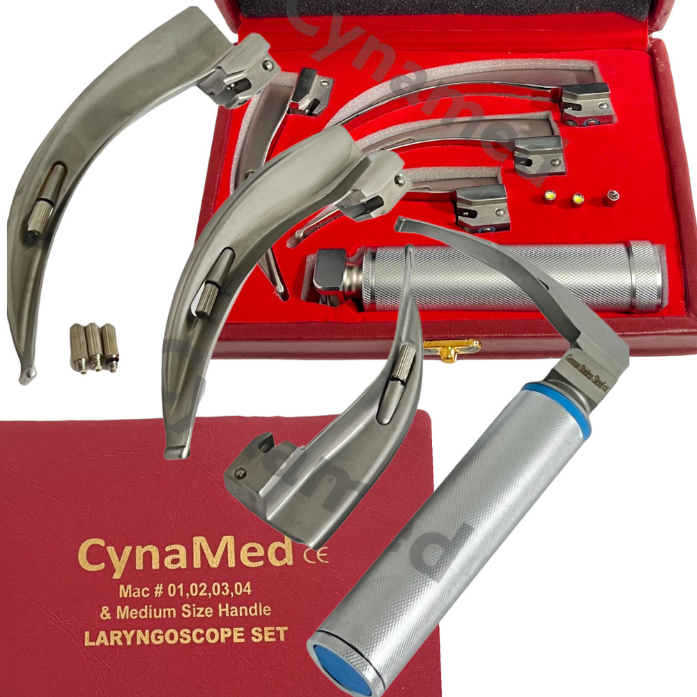 LARYNGOSCOPE MACINTOSH INTUBATION SET OF 4 BLADES AND ONE HANDLE EMT ANESTHESIA