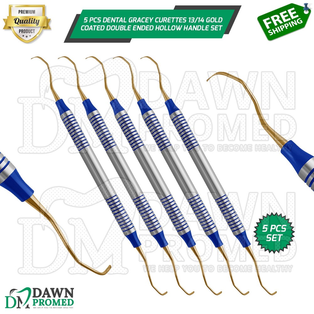 5 Pcs Dental Gracey Curettes 13/14 Gold Coated Double Ended Hollow Handle Set