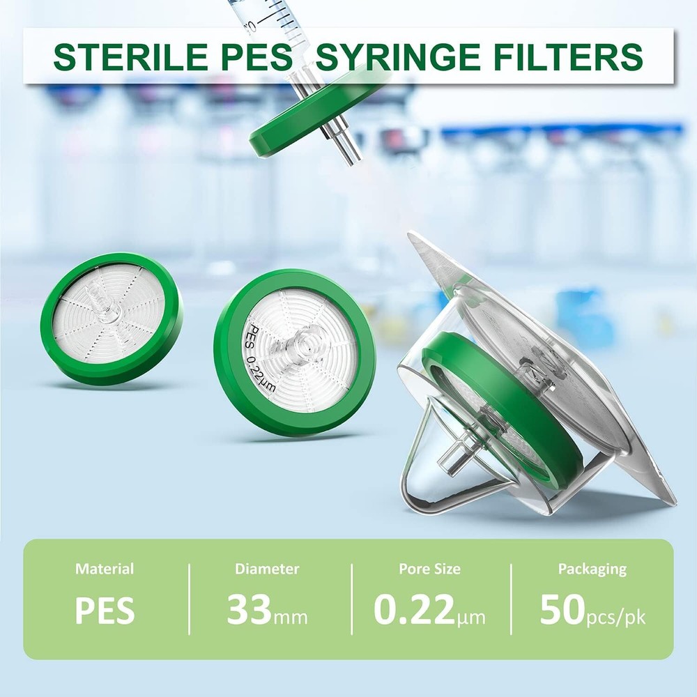 50Pcs Sterile PES Membrane Syringe Filter 33mm 0.22µm Low Affinity Hydrophilic