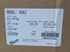 Milwaukee Electric Chain Hoist 1 Ton Capacity 15 Ft. Lift 1 HP 115/230v 9567